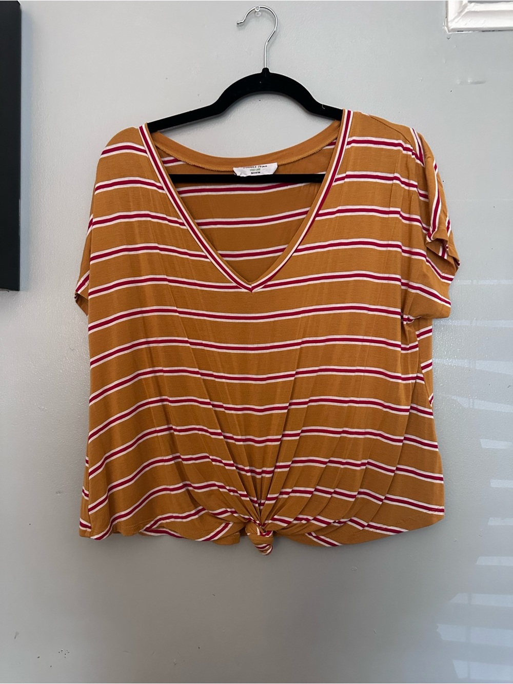 Double Zero Mustard Striped V-Neck Front Knot Tee